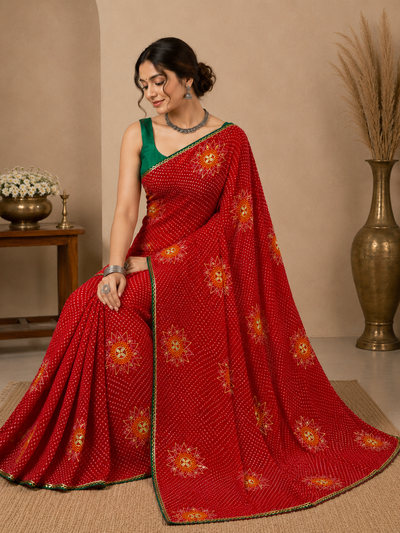 12475 Pure Chiffon Bandhani Saree with Gotapatti Work - Red