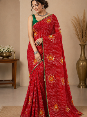 12475 Pure Chiffon Bandhani Saree with Gotapatti Work - Red