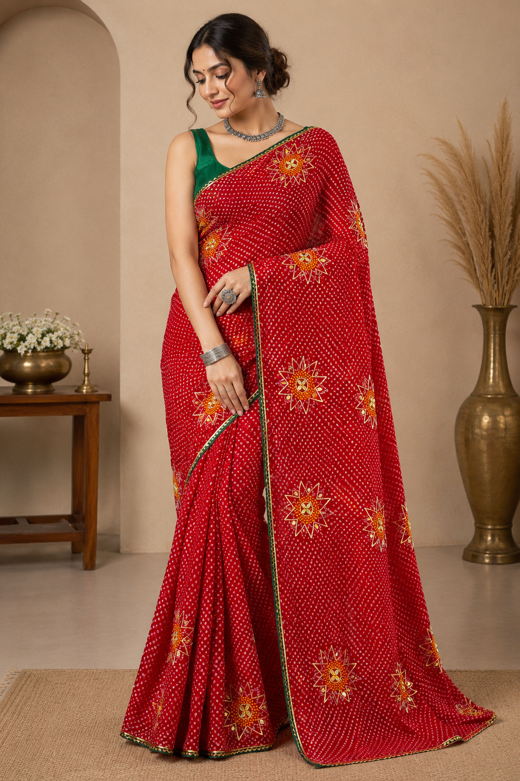 12475 Pure Chiffon Bandhani Saree with Gotapatti Work - Red