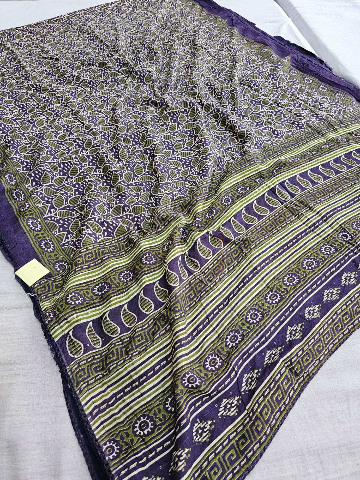 663001 Maslin Cotton Hand Block Ajrakh Printed Border Saree - purple