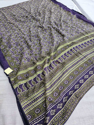 663001 Maslin Cotton Hand Block Ajrakh Printed Border Saree - purple