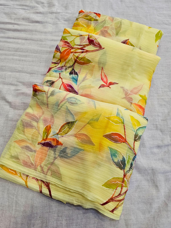 702001 Heavy Chiffon Flower Print Saree - Yellow