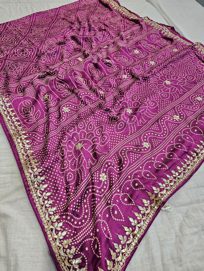 714001 Ajrakh Print Semi Gajji Silk Saree with Rajasthani Gota Patti Work