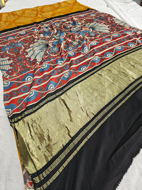 162004 Modal Silk Pure Ajrakh Bandhani Saree Kalamkari Zari Pallu and Ajrakh Printed Blouse - Mustered