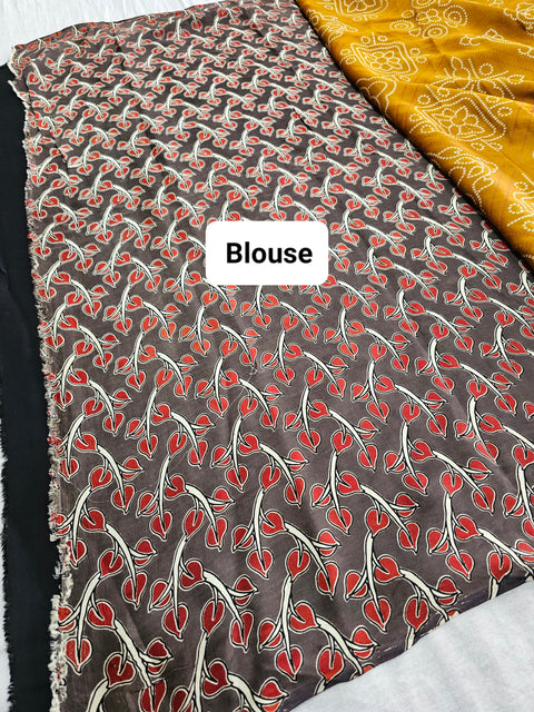 162004 Modal Silk Pure Ajrakh Bandhani Saree Kalamkari Zari Pallu and Ajrakh Printed Blouse - Mustered