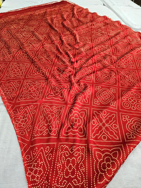 162005 Modal Silk Pure Ajrakh Bandhani Saree Kalamkari Pallu and Ajrakh Printed Blouse - Red