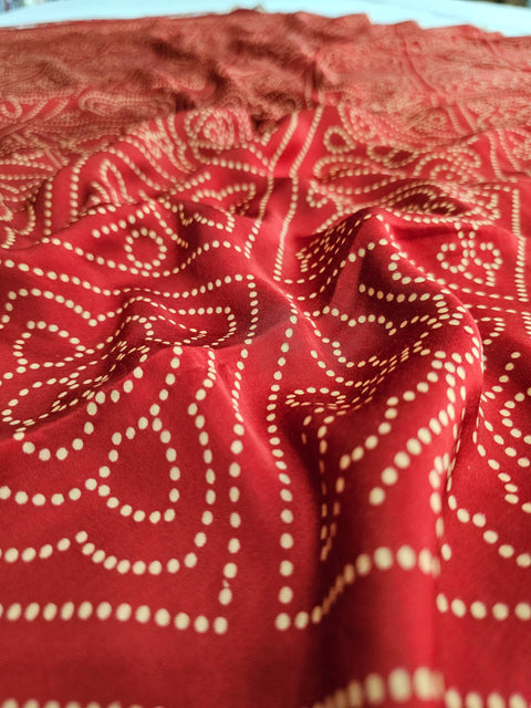 162005 Modal Silk Pure Ajrakh Bandhani Saree Kalamkari Pallu and Ajrakh Printed Blouse - Red