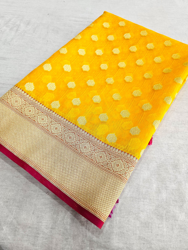 163004 Banarasi Pure Kora Organza Sraee with Golden Zari Weaving