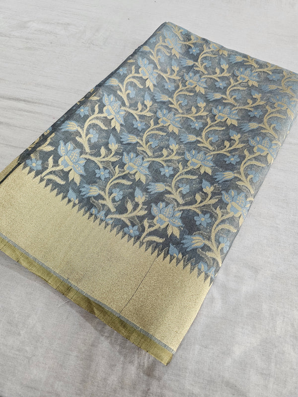 163002 Banarasi Pure Kora Linen Sraee with Meenakari and Zari Weaving