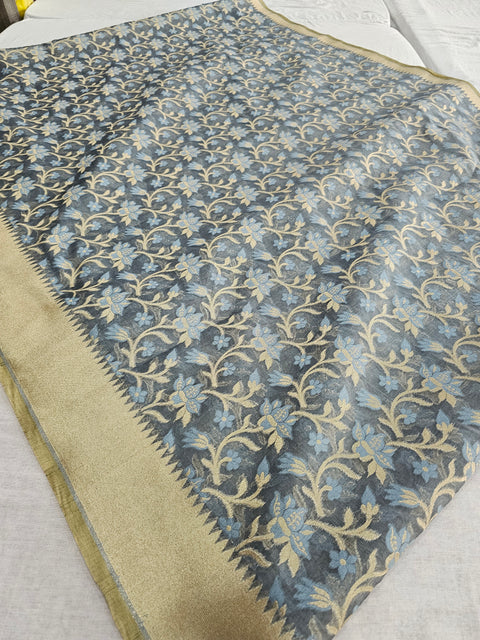 163002 Banarasi Pure Kora Linen Sraee with Meenakari and Zari Weaving