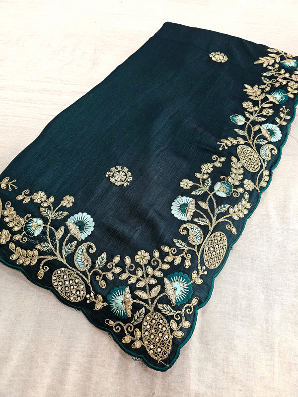 511003 Semi Dola Silk Saree with Heavy Zari and Zircon Handwork - Green