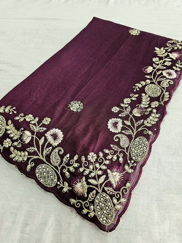 511003 Semi Dola Silk Saree with Heavy Zari and Zircon Handwork - Wine