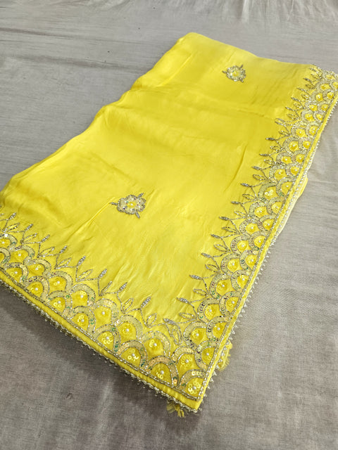 164003 Pure Opara Silk Designer Shaded Saree with Heavy Cutdana and Sequence Handwork - Yellow 126001