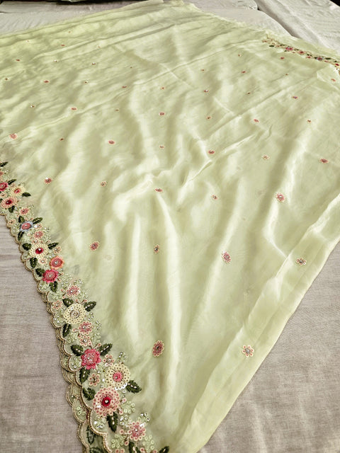 164005 Pure Satin Silk Designer Saree with Heavy Handwork