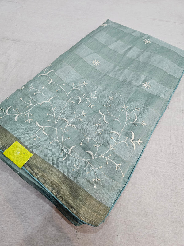 517002 Threat Embroidery Fancy Cotton Silk Saree - Teal Green