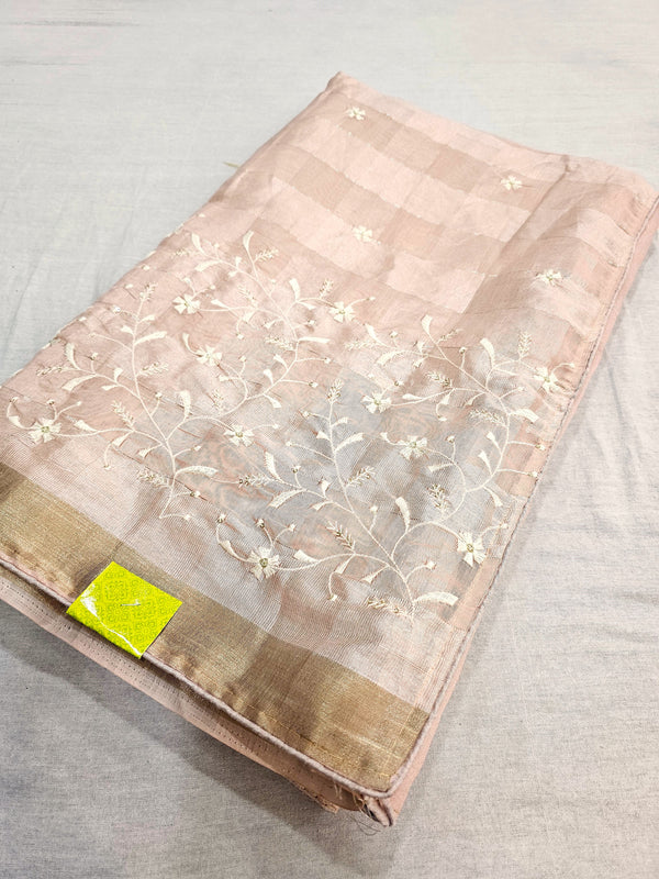 517002 Threat Embroidery Fancy Cotton Silk Saree - Peach