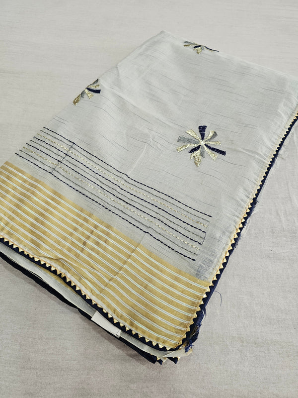 518005 Soft Linen Saree With Embroidery - Gray