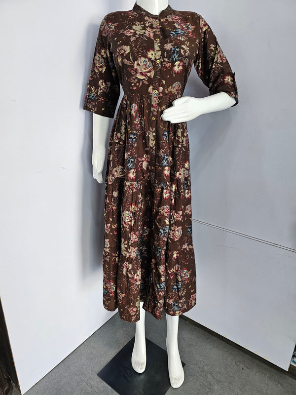 166009 Floral Printed Long One Piece Brown Kurta