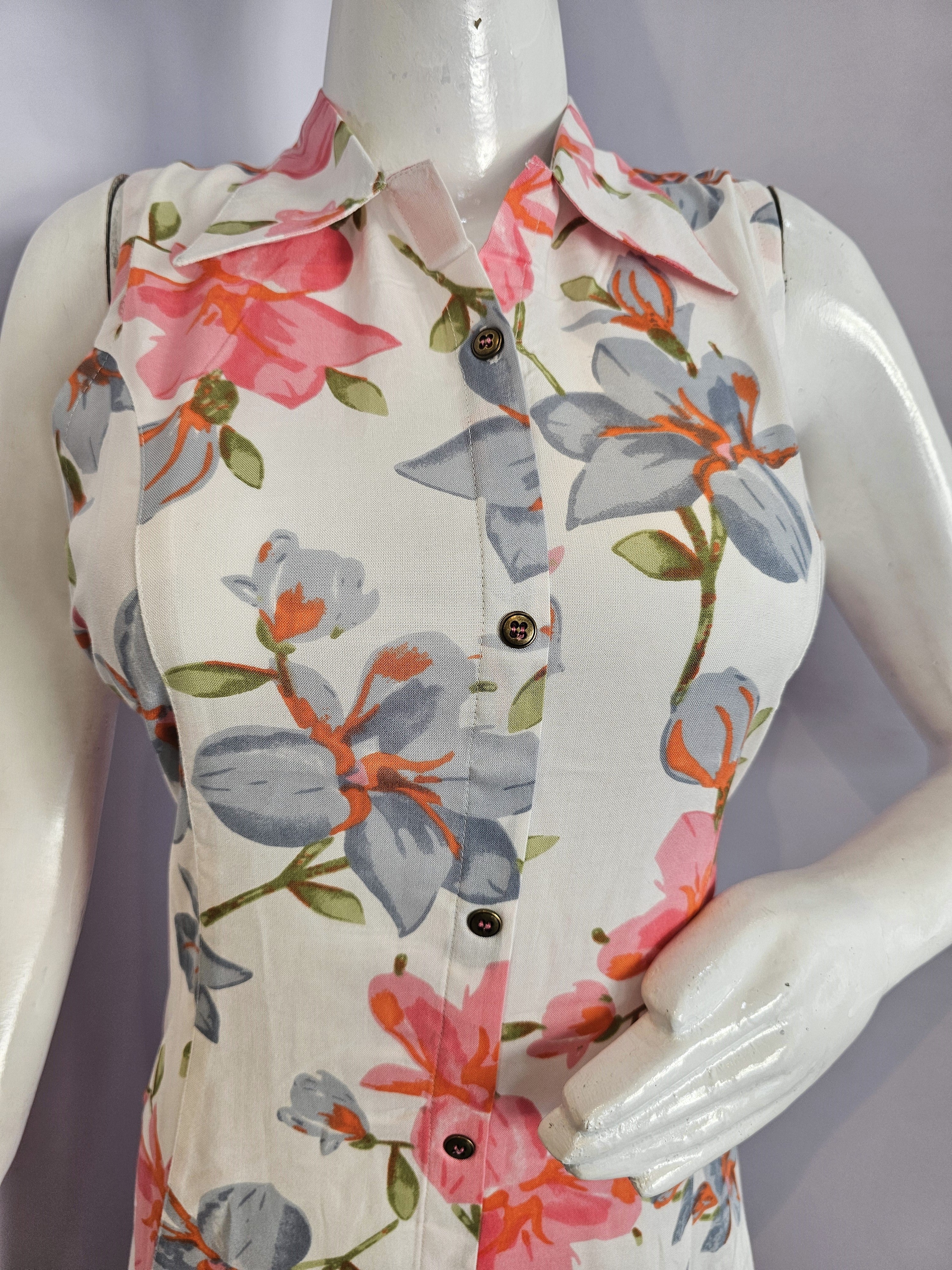 166007 Floral Printed A Line One Piece White Middy