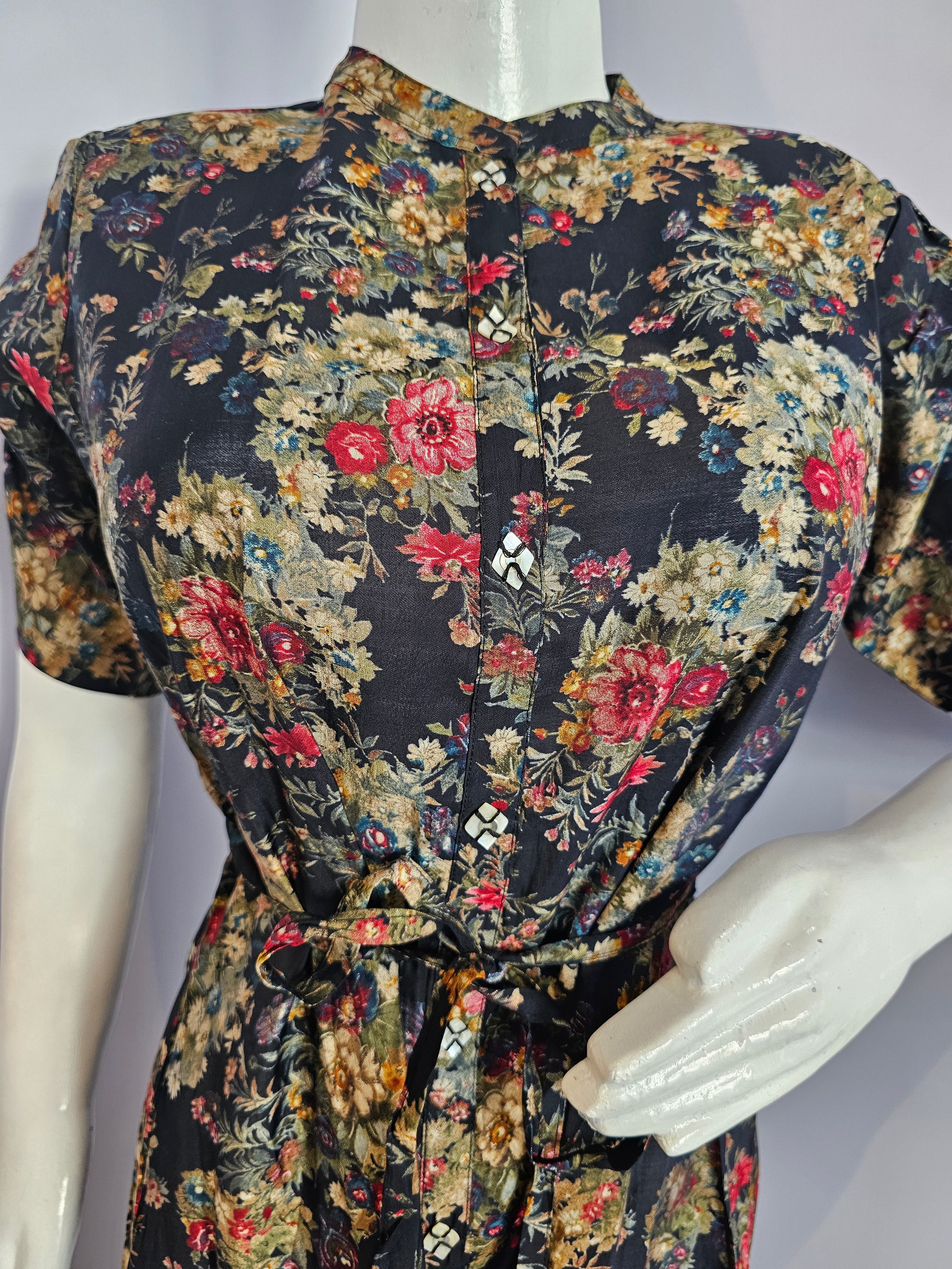 166005 Floral Printed A Line One Piece Middy With Designer Sleaves