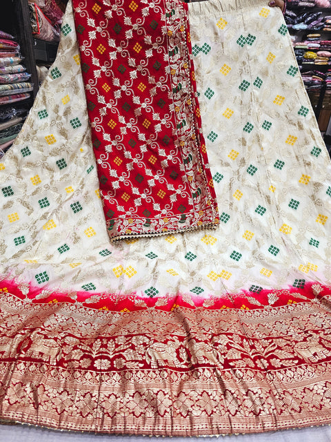 524001 Banarasi Zari Weaving Bandhani Shaded Lehenga - White