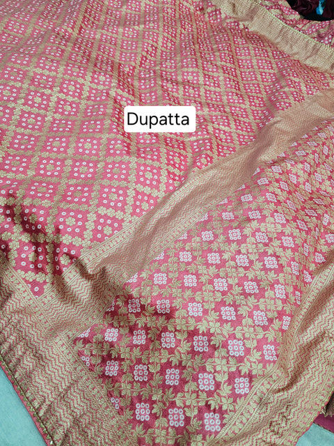 524003 Banarasi Zari Weaving Bandhani Art Silk Lehenga - Peach