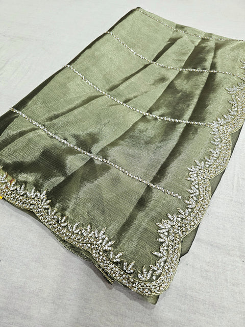 525006 Fancy Party Wear Saree with Heavy Handwork On Border and Designer Heavy Blouse - Golden Green