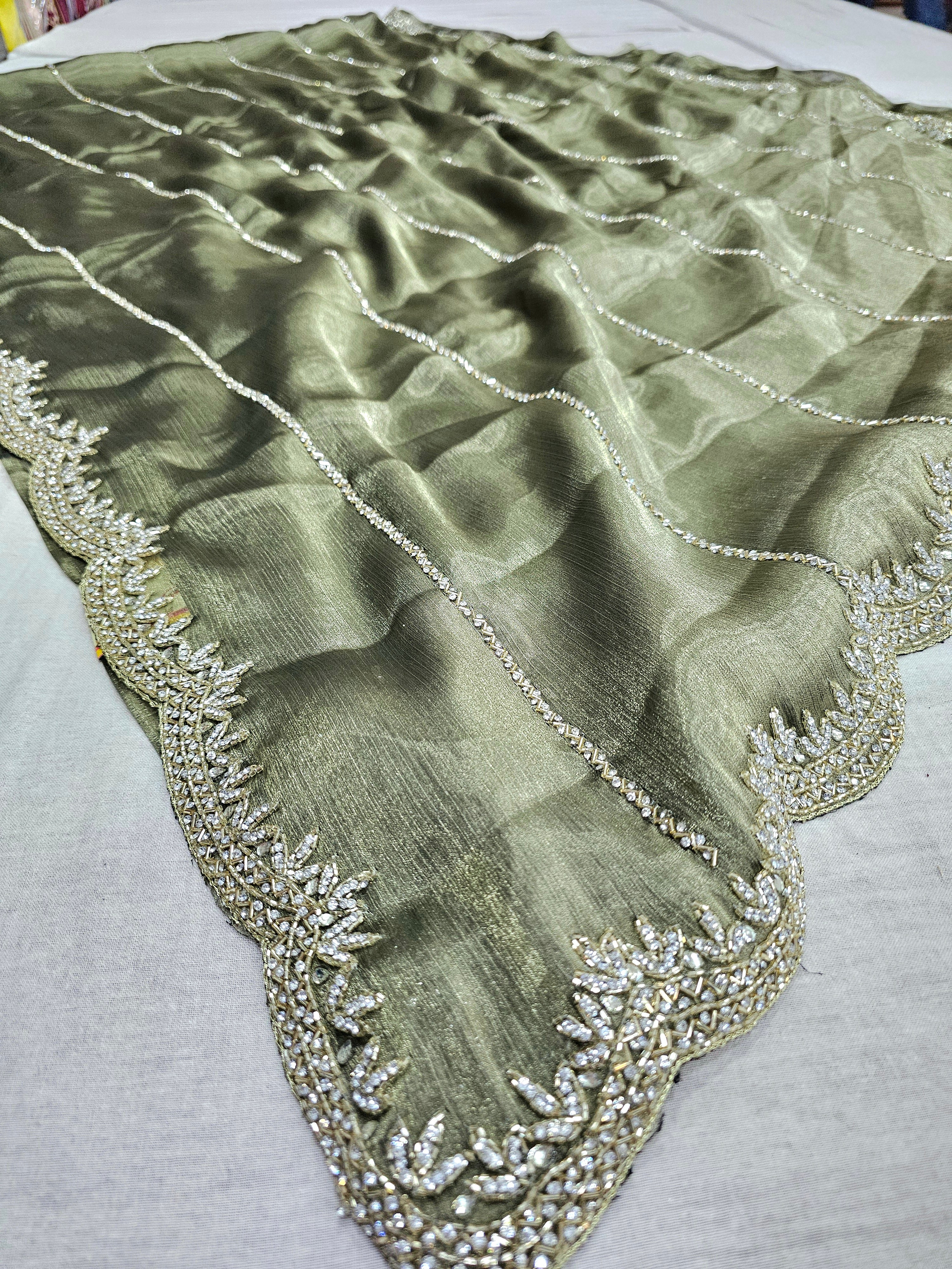 525006 Fancy Party Wear Saree with Heavy Handwork On Border and Designer Heavy Blouse - Golden Green