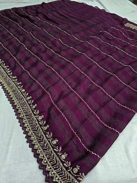 525003 Fancy Party Wear Saree with Heavy Handwork On Border and Designer Heavy Blouse - Purple