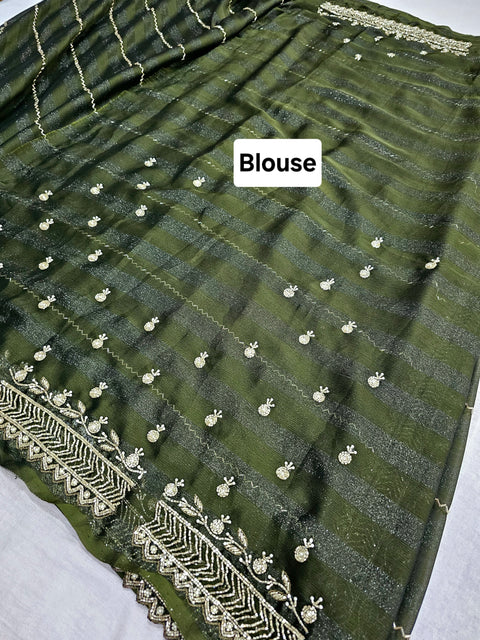525003 Fancy Party Wear Saree with Heavy Handwork On Border and Designer Heavy Blouse - Green