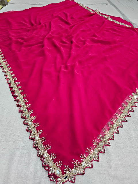 525001 Fancy Party Wear Saree with Heavy Handwork On Border and Designer Heavy Blouse - Rani