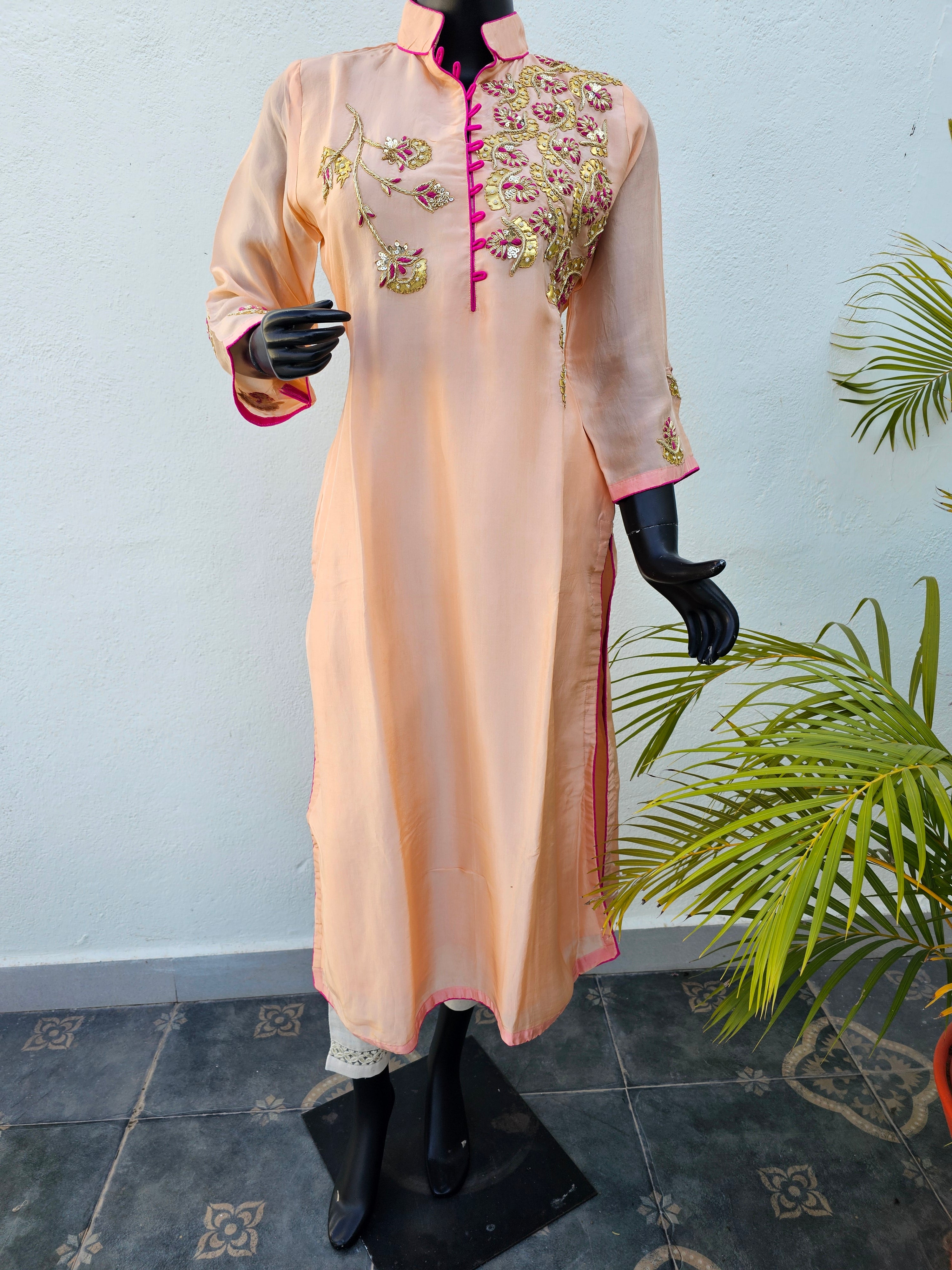 539011 Party Wear Fancy Straight Kurti with Hand Gota Embroidery Work