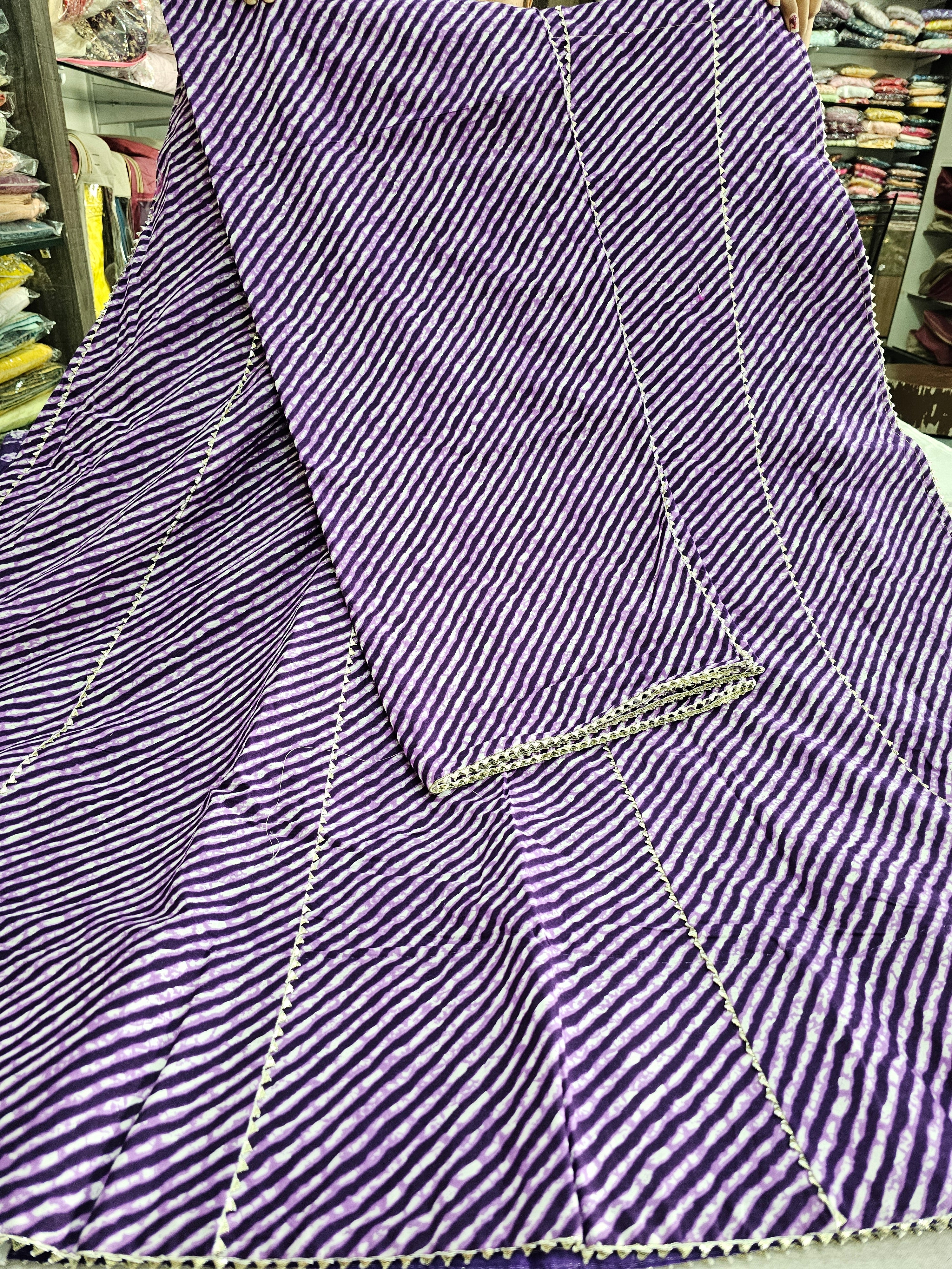 534004 Soft Cotton Leheriya Print Lehenga With Gota Work With Batik Print Blouse - Purple