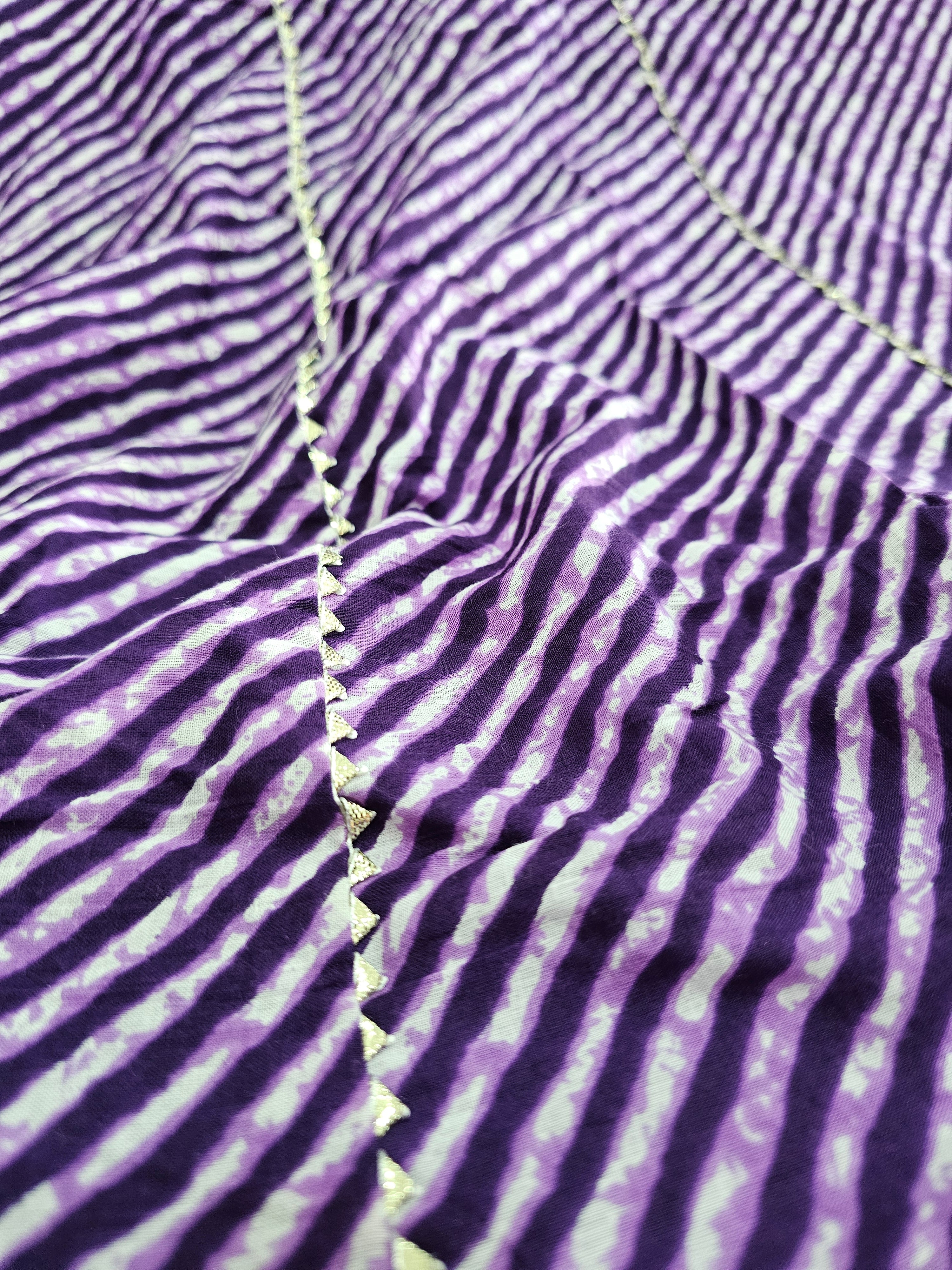 534004 Soft Cotton Leheriya Print Lehenga With Gota Work With Batik Print Blouse - Purple