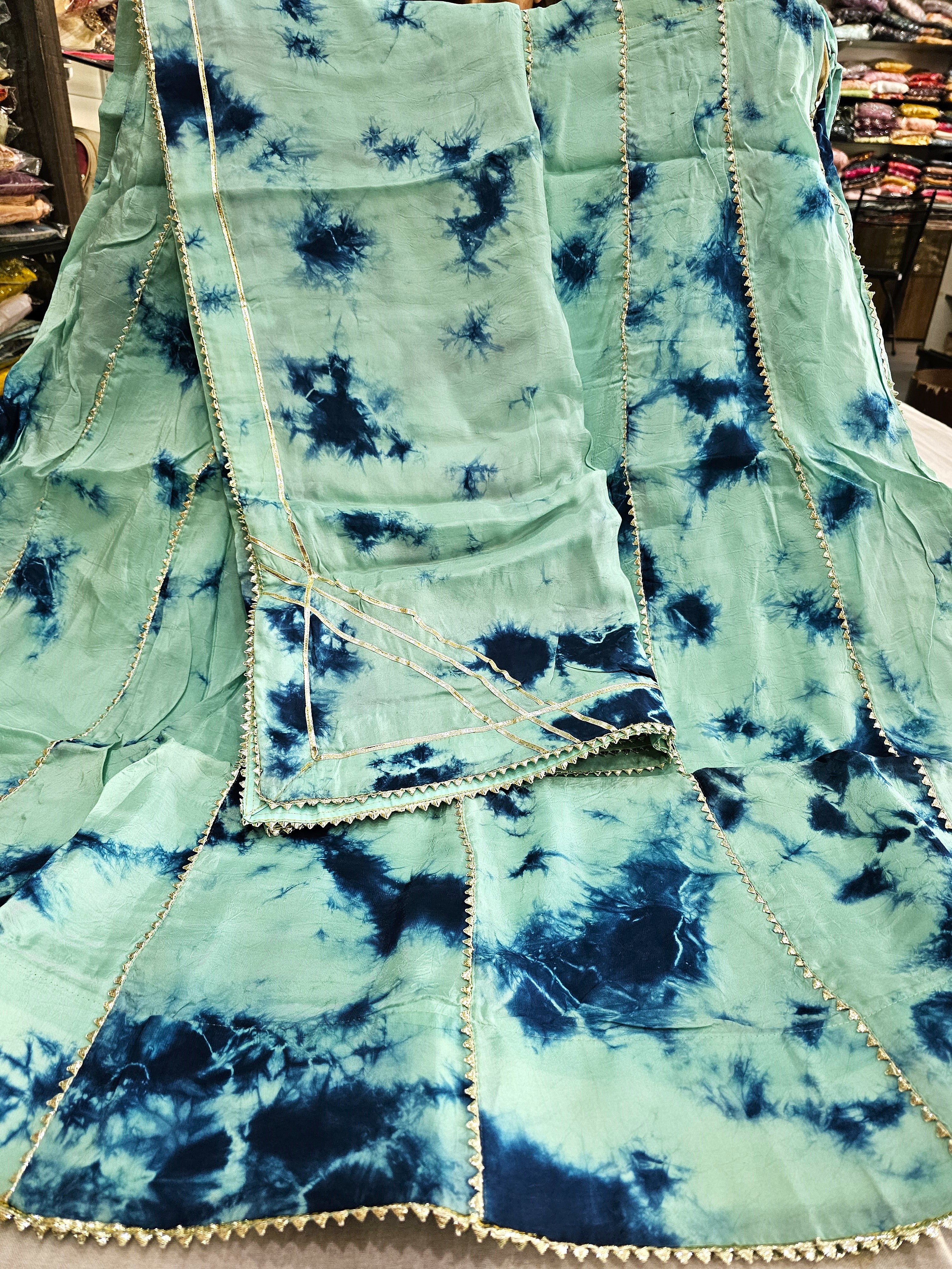 534003 Art Silk Shibori Print Lehenga With Gota Work - Firozi