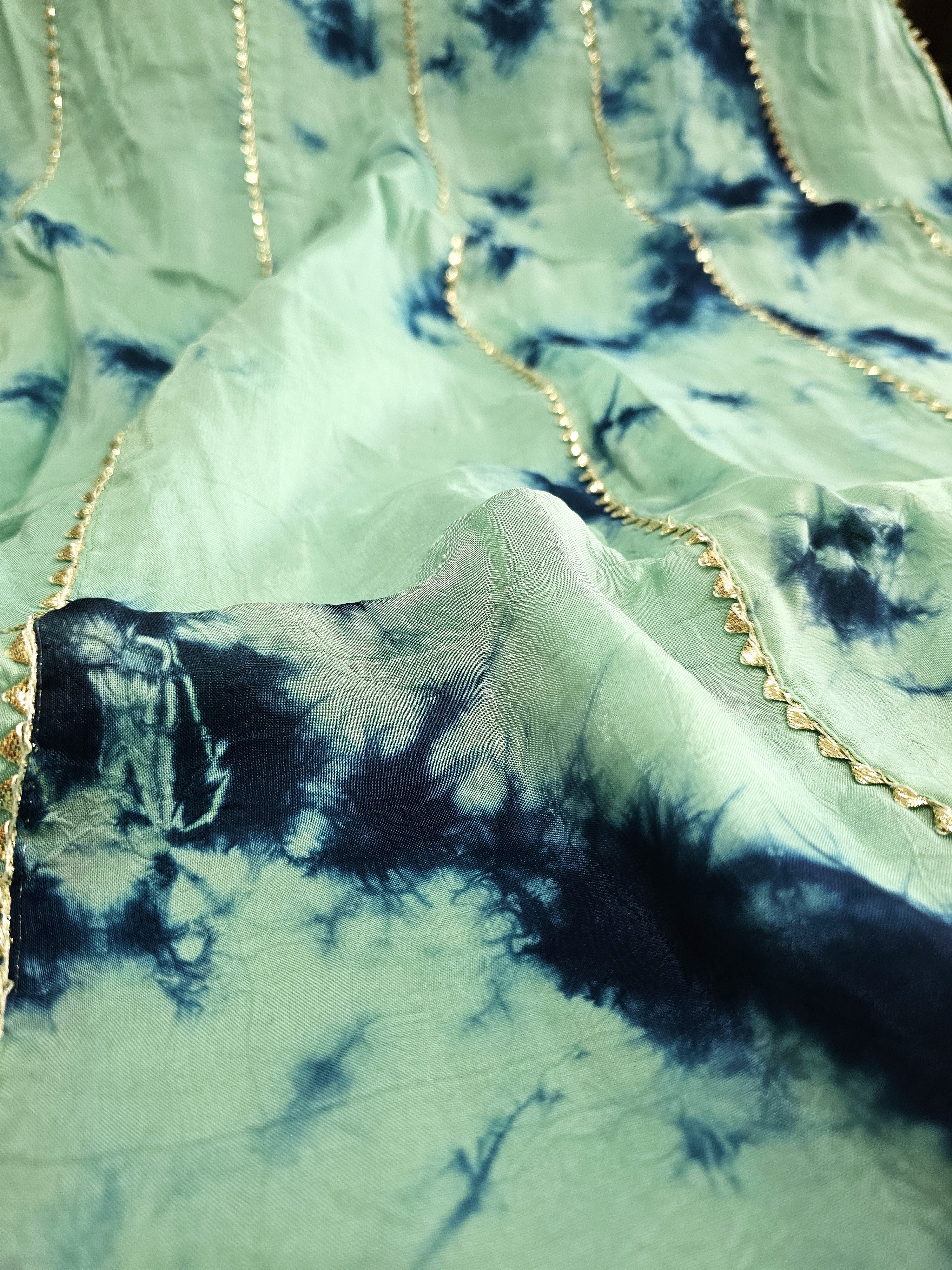 534003 Art Silk Shibori Print Lehenga With Gota Work - Firozi