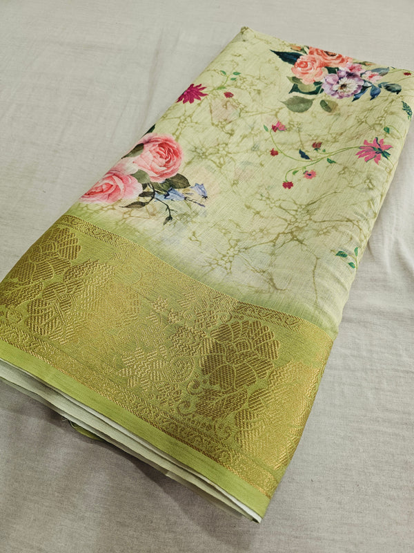 536002 Soft Linen Cotton Flower Print Saree with Zari Weaving Border