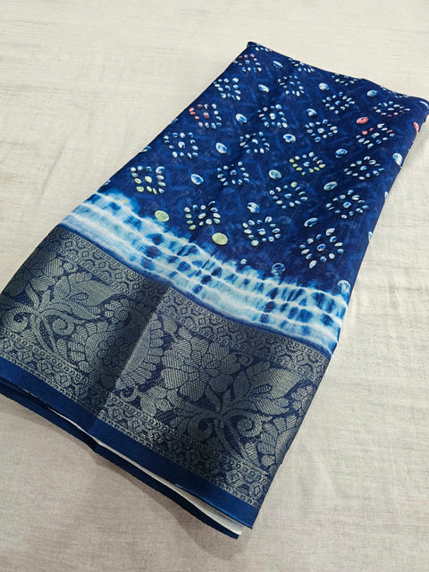 536009 Soft Linen Cotton Batik Print Saree with Zari Weaving Border