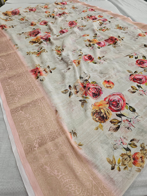 536006 Soft Linen Cotton Flower Print Saree with Zari Weaving Border