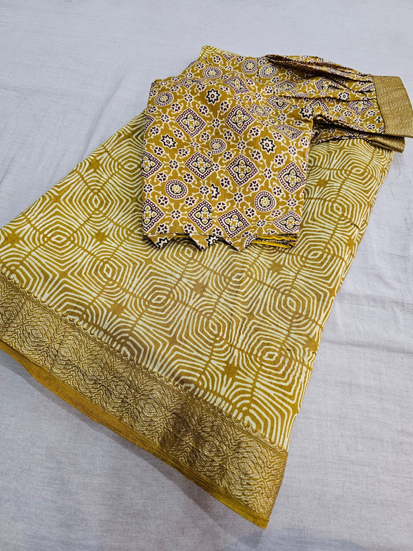 538006 Original Maslin Saree With Ajrakh Print Stitched Blouse - Yellow 113002