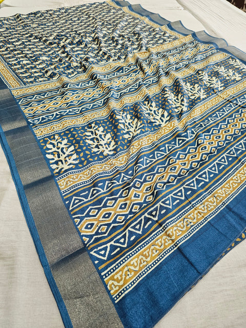 542005 Semi Silk Batik Print Saree With Zari Weaving Border - Blue