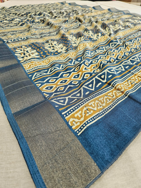 542005 Semi Silk Batik Print Saree With Zari Weaving Border - Blue