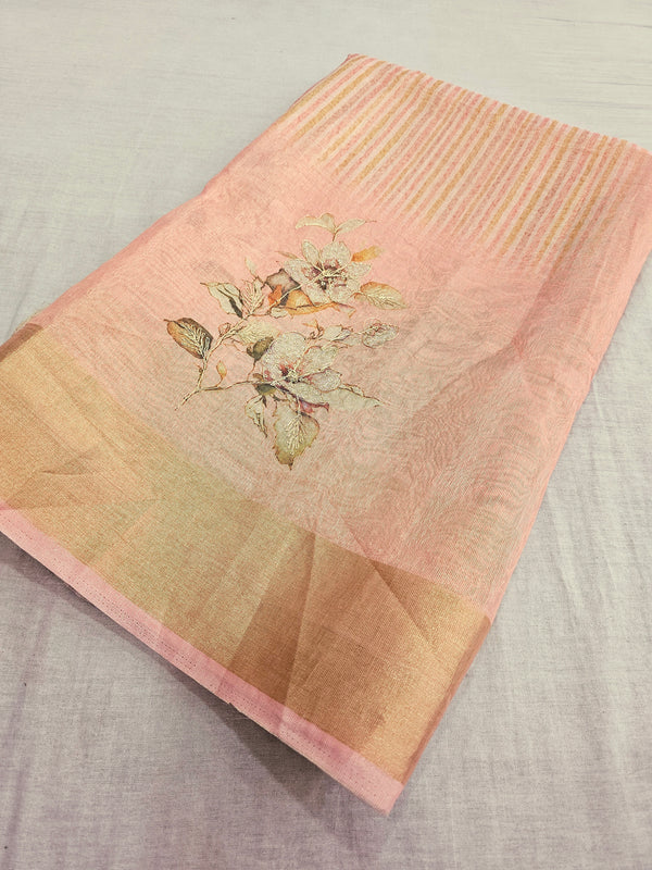 545001 Digital Flower Print Tissue Silk Saree with Zari Embroidery - Pink