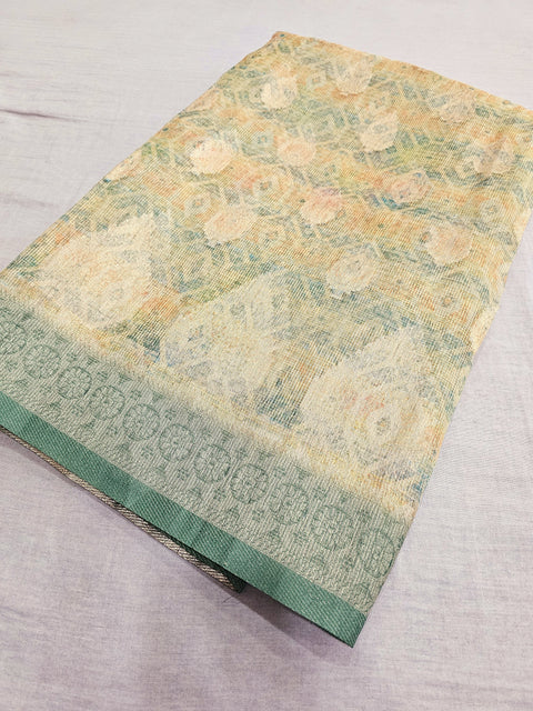 550010 Banarasi Soft Cotton Silk Printed Saree With Zari Weaving