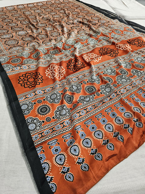 551002 Ajrakh Print Crepe Silk Saree - Orange