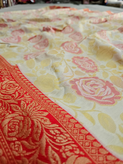 552004 Red And White Banarasi Soft Silk Saree With Zari Weaving