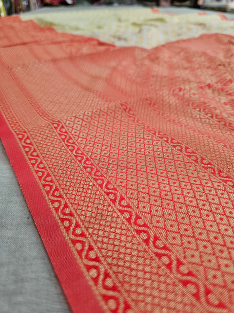 552005 Red And White Banarasi Soft Silk Saree With Zari Weaving