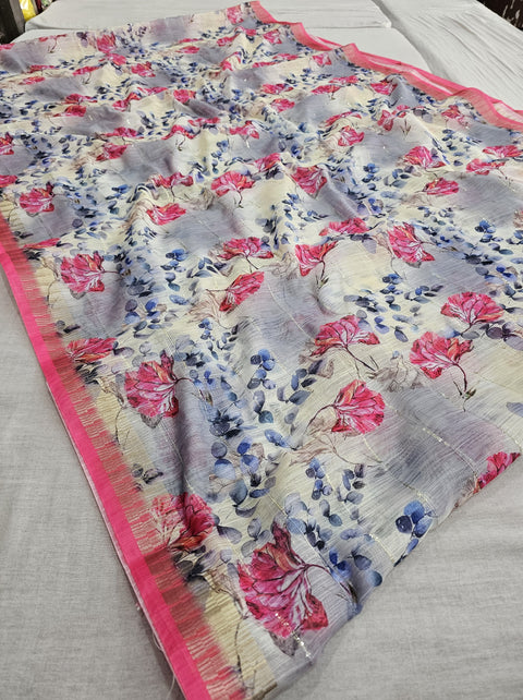 554009 Soft Linen Saree with Flower Print and Sequence Work