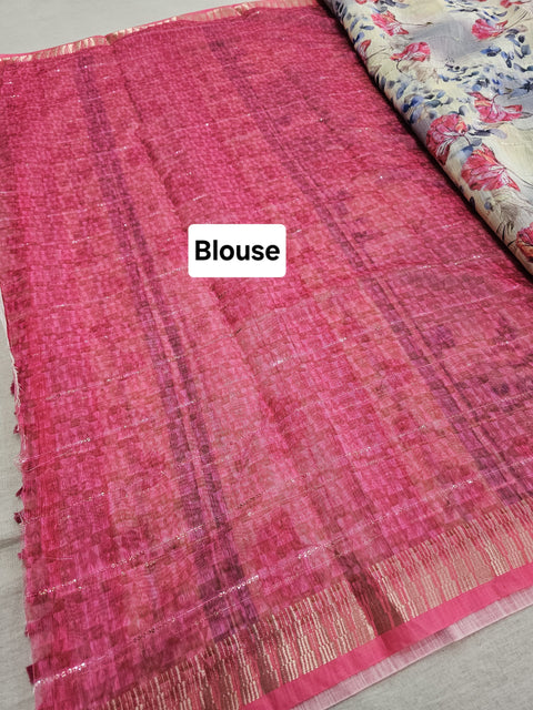 554009 Soft Linen Saree with Flower Print and Sequence Work