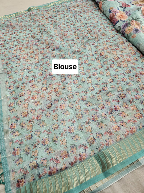 554001 Soft Linen Saree with Flower Print and Sequence Work